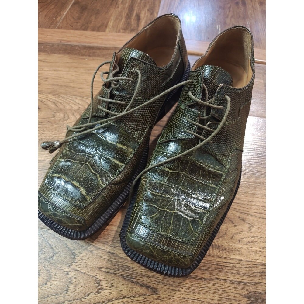 David Eden Dress Shoes Mens Size 9 Green Crocodile Alligator Oxford Square Toe